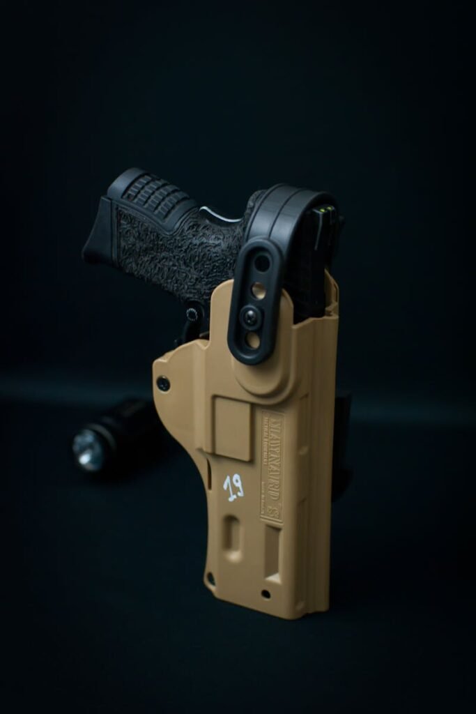 Close-up shot of a black handgun secured in a tan holster, against a dark background.